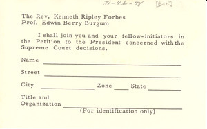 Reply card from unidentified correspondent to Kenneth Ripley Forbes and Edwin Berry Burgum