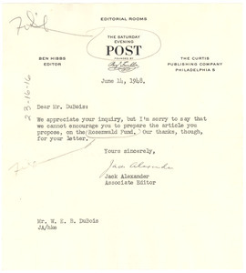 Letter from Saturday Evening Post to W. E. B. Du Bois