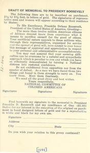 Draft of memorial to President Roosevelt