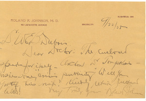 Letter from Roland R. Johnson to W. E. B. Du Bois