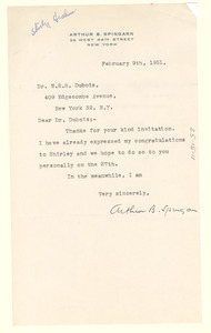 Letter from Arthur B. Spingarn to Mrs. W. E. B. Du Bois