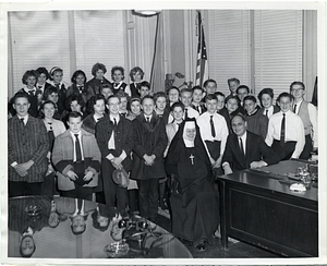 Sister Mary Chrysostom's class from the St. Mary's School with Deputy Mayor Henry Scagnoli