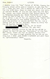 Correspondence from Lou Sullivan to Rupert Raj (April 13, 1986)