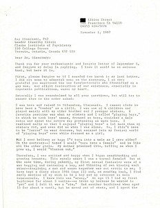 Correspondence from Lou Sullivan to Ray Blanchard (November 1, 1987)