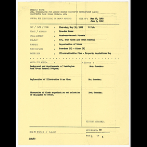 Agenda, minutes and attendance list for "You, your block and urban renewal" Waumbeck-Wenonah Streets meeting on May 31, 1962