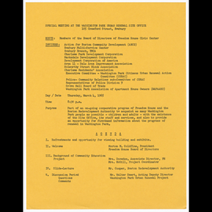 Agenda and information for special meeting at Washington Park urban renewal site office on March 4, 1965