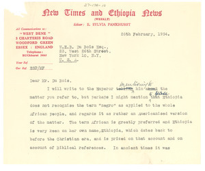Letter from E. Sylvia Pankhurst to W. E. B. Du Bois