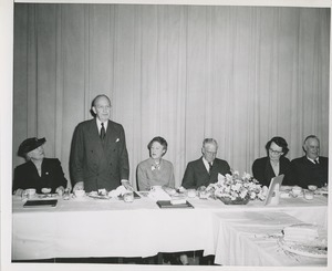 Jeremiah Milbank speaks at the Institute for the Crippled and Disabled's 35th anniversary Red Cross luncheon