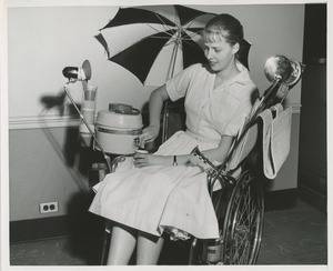 Woman in specially equipped wheelchair