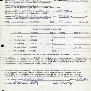 Form to reserve kiosks and tables for the Festival Puertorriqueño de Massachusetts, filled out by Esteban Ugueto