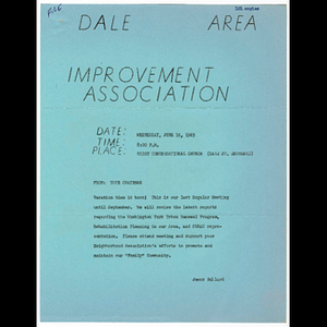 Flier of Dale Area Association meeting to be held June 19, 1963