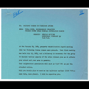 Memorandum from Viola Minor to Pickering Avenue property owners concerning follow-up meeting to be held February 19, 1964