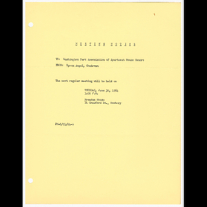 Memorandum from Byron Angel, Chairman to Washington Park Association of Apartment House Owners about meeting on June 30, 1964