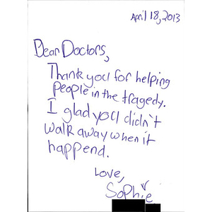 Letter of thanks sent to the doctors of Boston by California Children