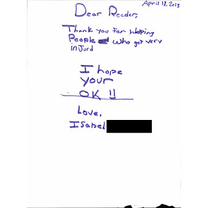 Letter of thanks sent to the first responders of Boston by California Children