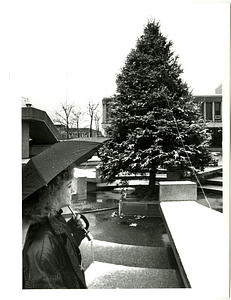 Maria Pereira in front of City Hall Plaza Christmas tree