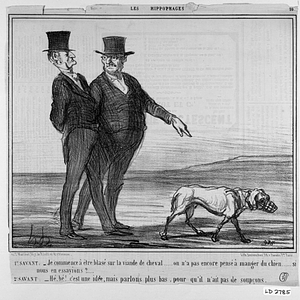 1er SAVANT: - Je commence à être blasé sur la viande de cheval..... on n'a pas encore pensé à manger du chien... si nous en essayions?.... 2e SAVANT: - Hé, hé!.. c'est une idée, mais parlons plus bas, pour qu'il n'ait pas de soupçons.