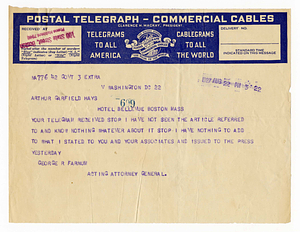 Telegram from George R. Farnum to Arthur Garfield Hays, August 22, 1927