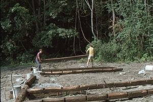 Laying out beams at the Moon Barn Raising Site (2) at entrance to Hopkins Forest on 2 August 1975.