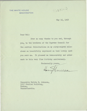 Letter from President Harry S. Truman to Melvin M. Johnson, 1952 May 16