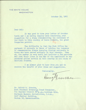 Letter from President Harry S. Truman to Melvin M. Johnson, 1951 October 18