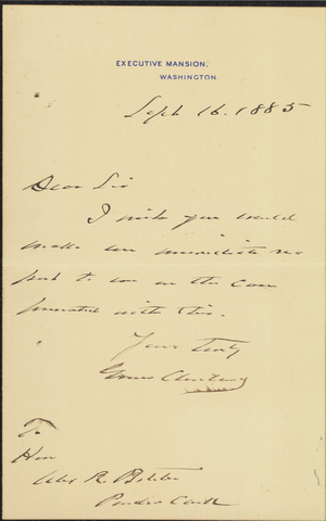 Letter from President Grover Cleveland to Clerk Alexander R. Boteler, 1885 September 16