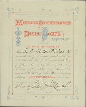 Honorary membership certificate issued to Clinton F. Paige, 1879 July 11