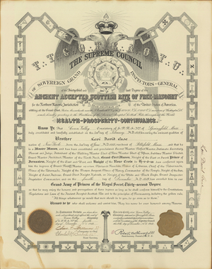 32° certificate issued to Levi David Case, 1919 December 4