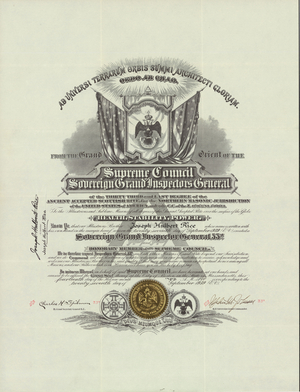 Honorary 33° certificate issued to Joseph Hulbert Rice