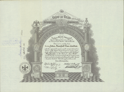 32° membership certificate issued by the Valley of Binghamton to John Hanford Van Gorden, 1950 April 4