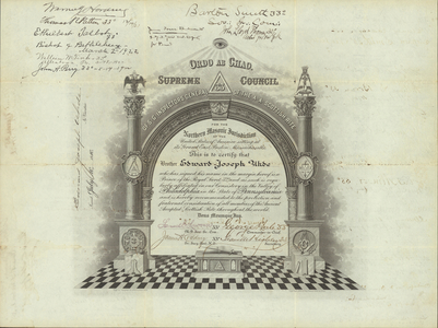 32° traveling certificate issued by the Valley of Philadelphia to Edward-Joseph Uhde, 1910 July 10