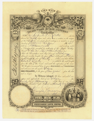 Traveling membership certificate issued by Osgood Lodge, No. 48, to Robert P. Locke, 1878 January 1