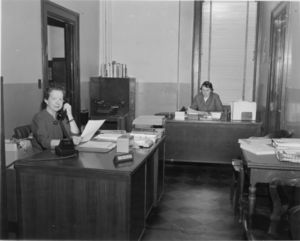 Suffolk University Law School Registrar's office staff; Registrar Catherine T. Judge (right) and Miss Foley (left)