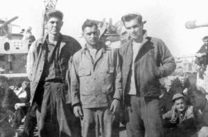 John Joseph Moakley (right) with fellow sailors on naval ship, World War II, circa 1943