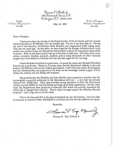 "Dear Colleague" letter from Tip O'Neill regarding the Moakley-Murtha Proposal, 18 May 1990