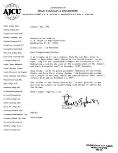 Letter to John Joseph Moakley (with attention to James P. McGovern) from Paul S. Tipton, President of the Association of Jesuit College and Universities regarding request from Mr. and Mrs. Jorge A. Cerna to be given permanent residency in the U.S., 11 January 1990