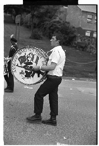 Republican parade, Downpatrick, Co. Down. Shot of big drum with "Armagh Martyrs"and ArmaLite rifles painted on drum