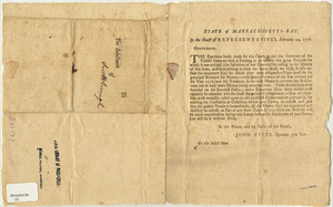 State of Massachusetts-Bay : In the House of Representatives, February 19, 1778. Gentlemen, The Exertions lately made by this Court, to put the Currency of the United States on such a Footing as to answer the great purpose for which it was emitted (the Salvation of our Country) by calling in the Money of this State ... Taxes must be the Principle Resource for Money...