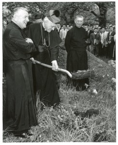 Roberts Center exterior: groundbreaking with Joseph R. N. Maxwell, Richard Cushing, and Joseph R. Walsh