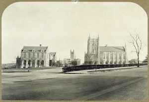 The first four buildings of Boston College's Chestnut Hill campus; St. Mary's Hall, Gasson Hall, Devlin Hall, and Bapst Library