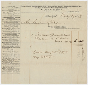 Edward Hitchcock receipt of payment to Hippolyte Bailliere, 1853 May 15