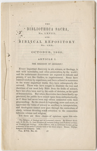 Bibliotheca Sacra and Biblical Repository notice of Edward Hitchcock's "The Religion of Geology," 1860 October