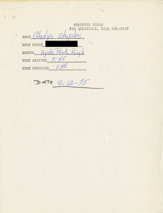Citywide Coordinating Council daily monitoring report for Hyde Park High School by Gladys Staples, 1975 September 12