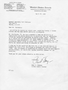 Letter from Paul E. Tsongas to General Secretary Yuri Andropov