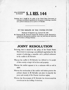 S. J. RES. 144: Declaring it should be policy of the U. S. Government to encourage unconditional negotiations for the purpose of achieving cease-fire and political settlement to the conflict in El Salvador