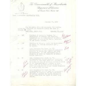 Bills scheduled to be heard before the committee on education the week of January 27, 1969.