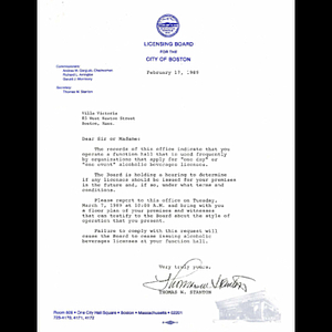 Letter to Villa Victoria from the Licensing Board for the City of Boston.