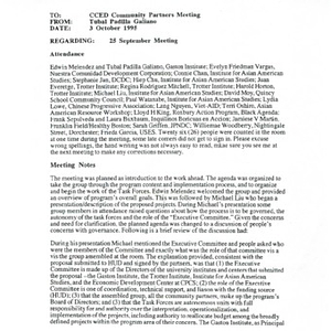 Meeting minutes and related organizational and project-planning charts for the Center for Community Economic Development meeting