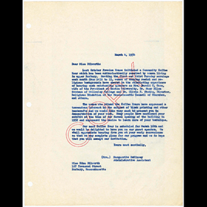 Letter from Marguerite McKinney to Edna Dilworth about speaking at Freedom House Coffee Hour