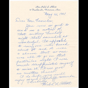 Letter from Mabel L. Abbott to Muriel Snowden about Forum